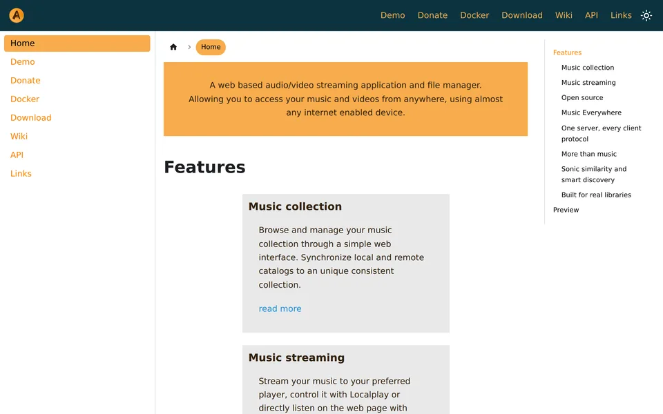 Screenshot of the Ampache website