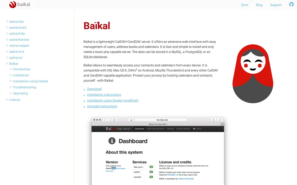 Screenshot of the Baïkal website