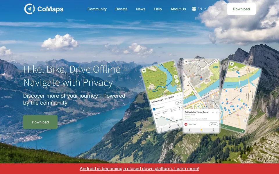 Screenshot of the CoMaps website