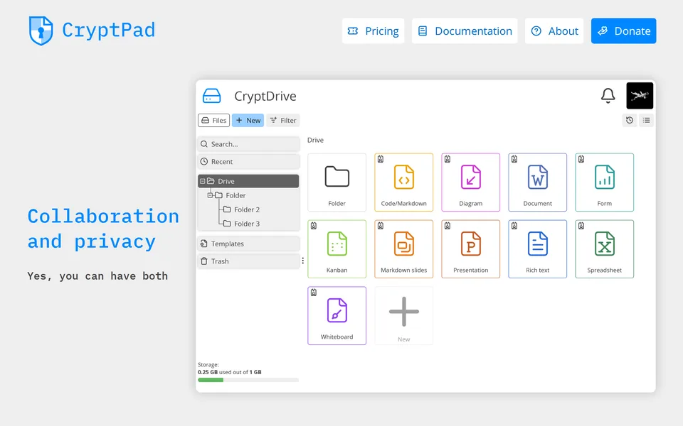 Screenshot of the CryptPad website