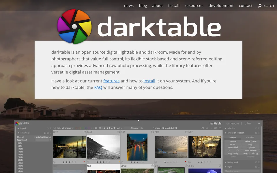 Screenshot of the darktable website