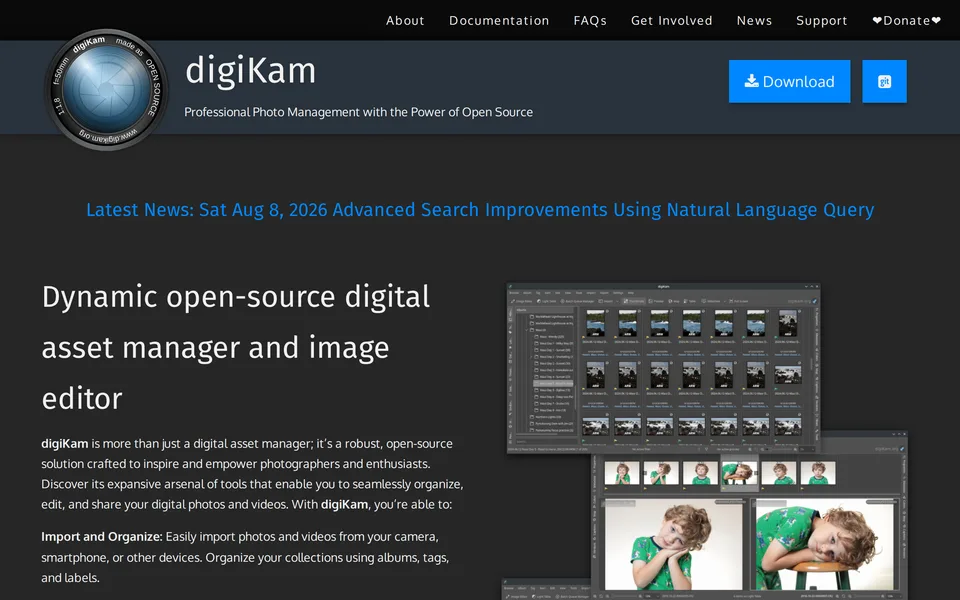 Screenshot of the digiKam website