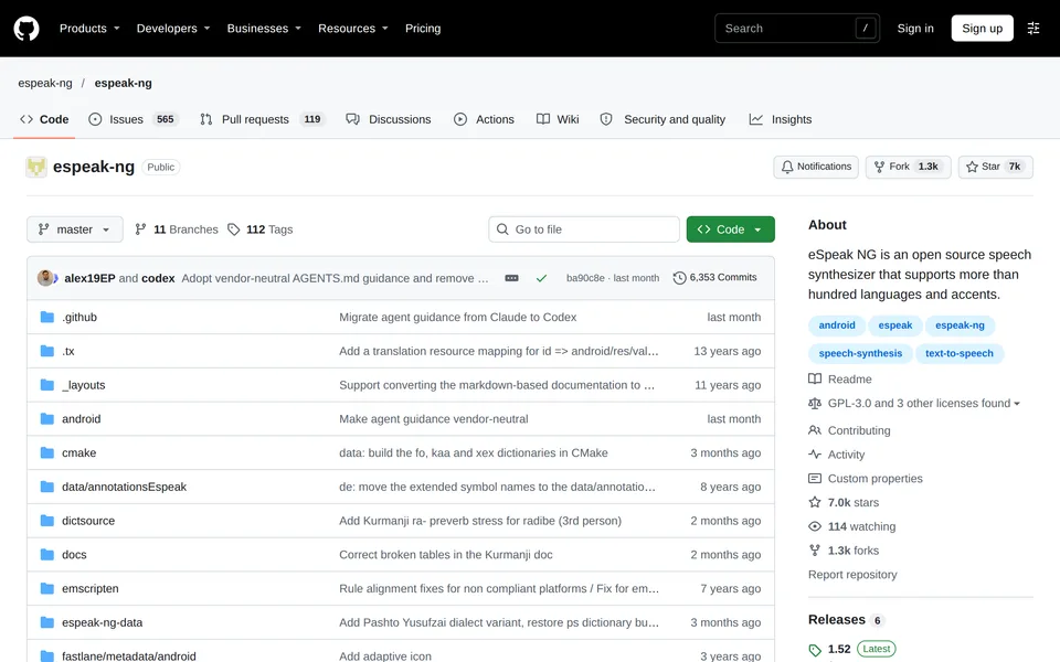 Screenshot of the eSpeak NG website