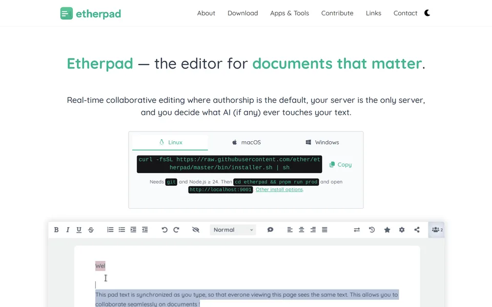 Screenshot of the Etherpad website
