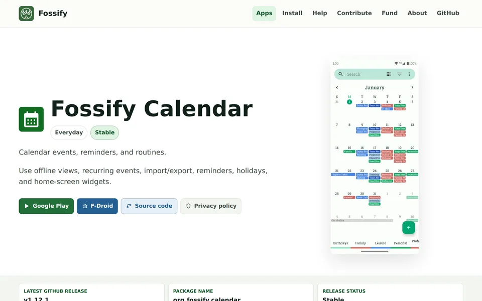Screenshot of the Fossify Calendar website