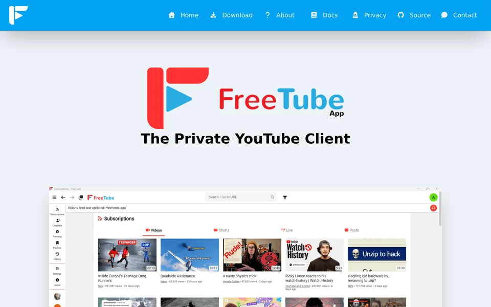 Screenshot of the FreeTube website