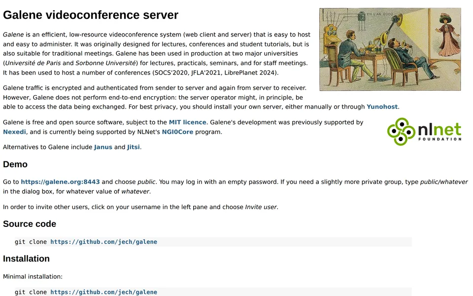 Screenshot of the Galène website