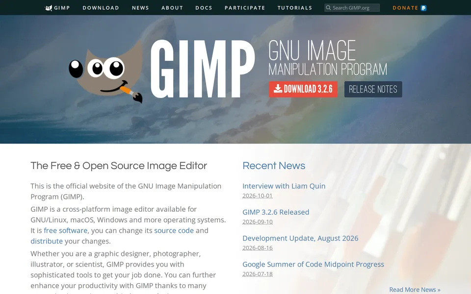 Screenshot of the GIMP website