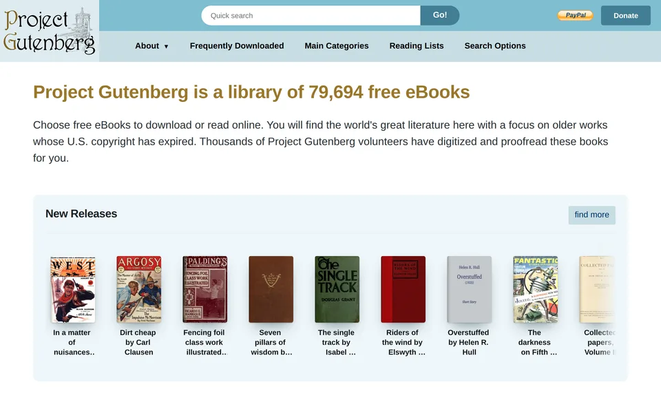 Screenshot of the Project Gutenberg website