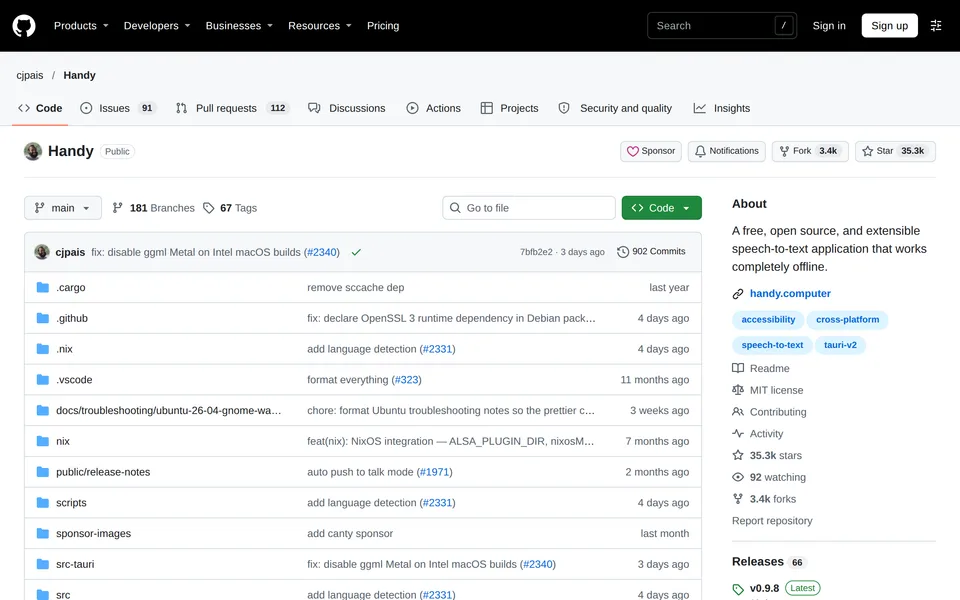 Screenshot of the Handy website