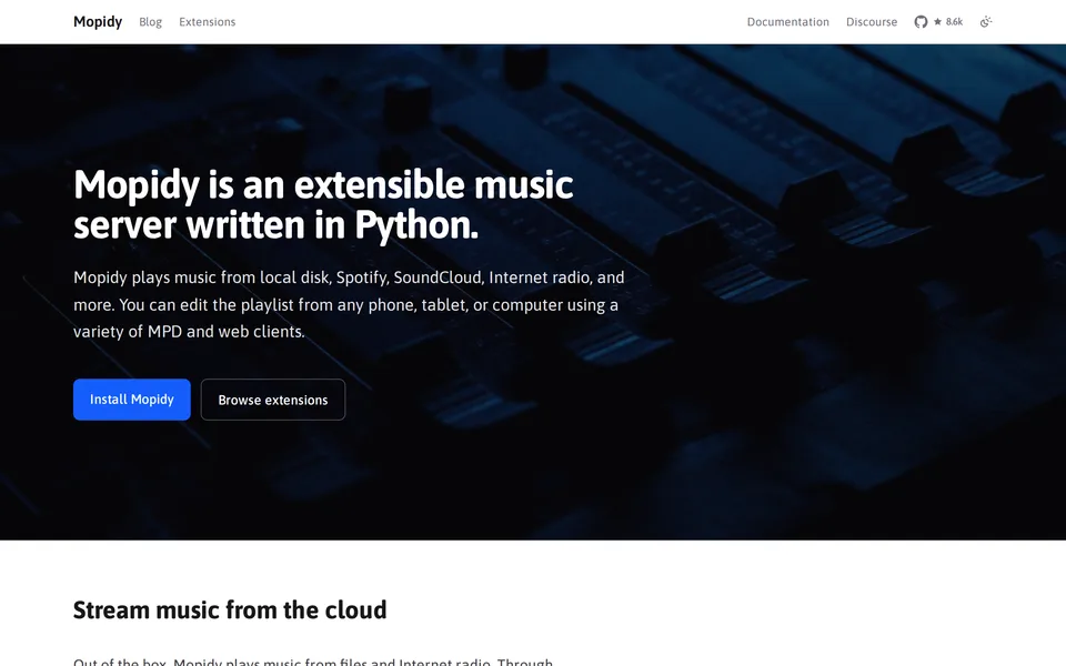 Screenshot of the Mopidy website