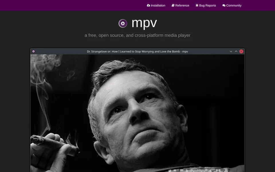 Screenshot of the mpv website