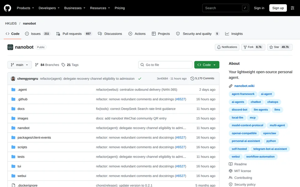 Screenshot of the nanobot website