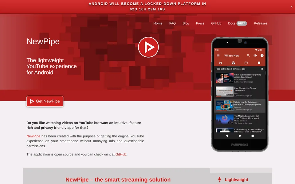 Screenshot of the NewPipe website