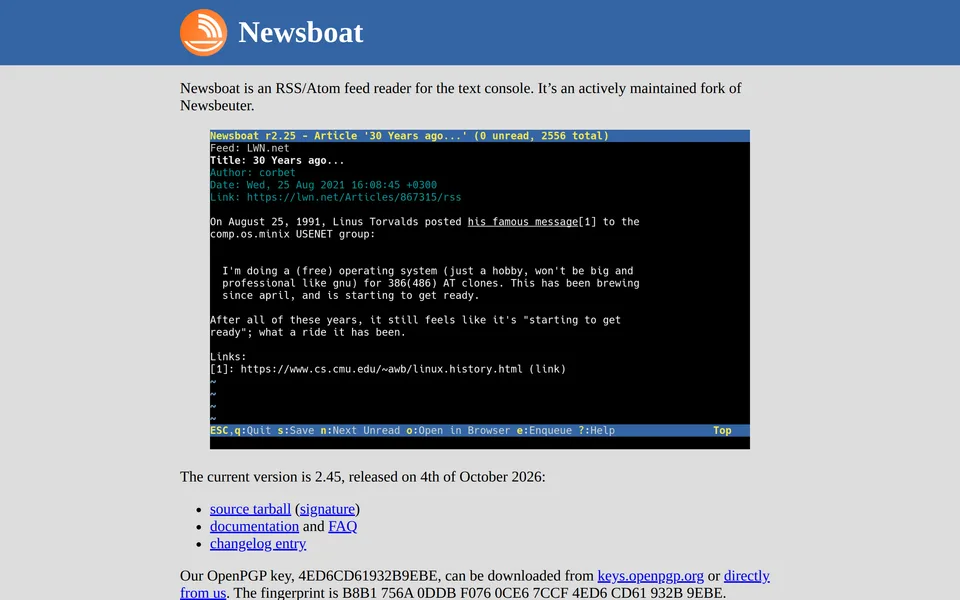 Screenshot of the Newsboat website