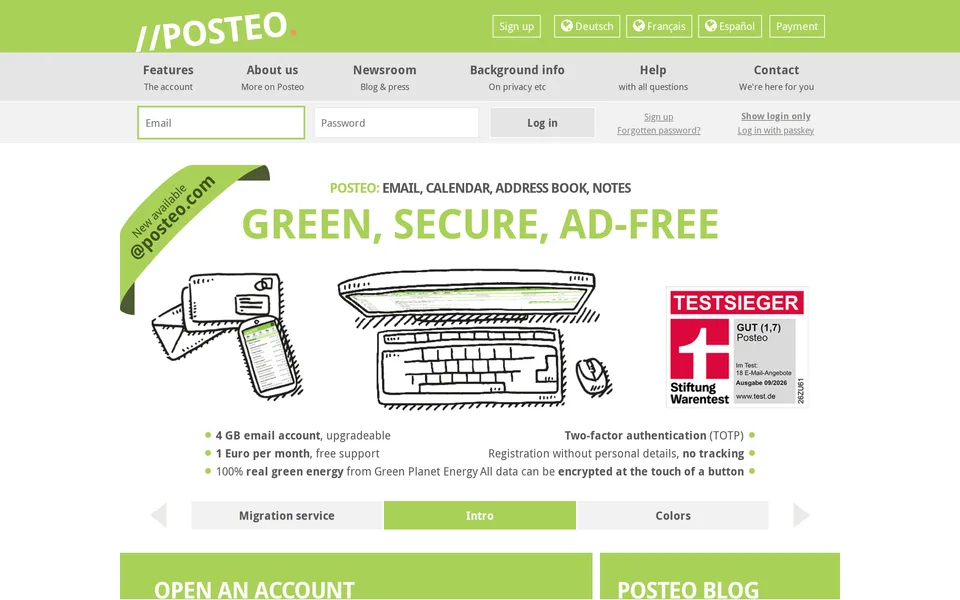 Screenshot of the Posteo website