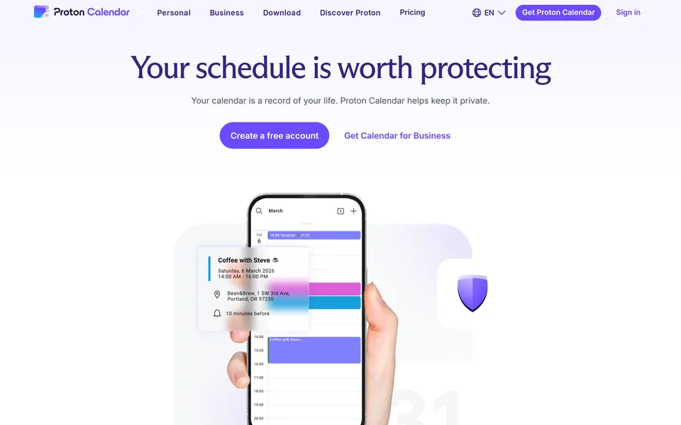 Screenshot of the Proton Calendar website