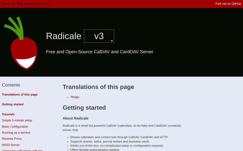 Screenshot of the Radicale website