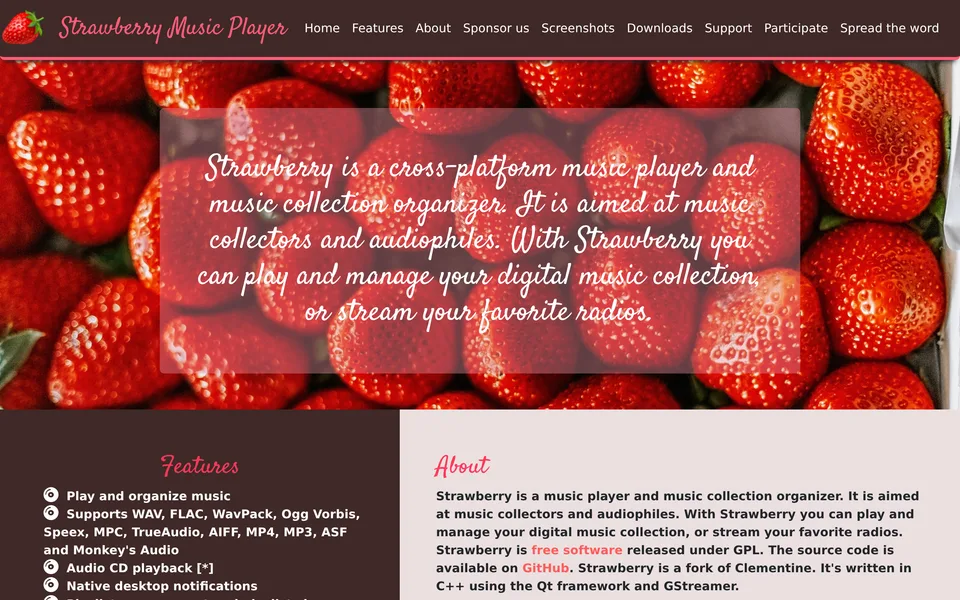 Screenshot of the Strawberry website