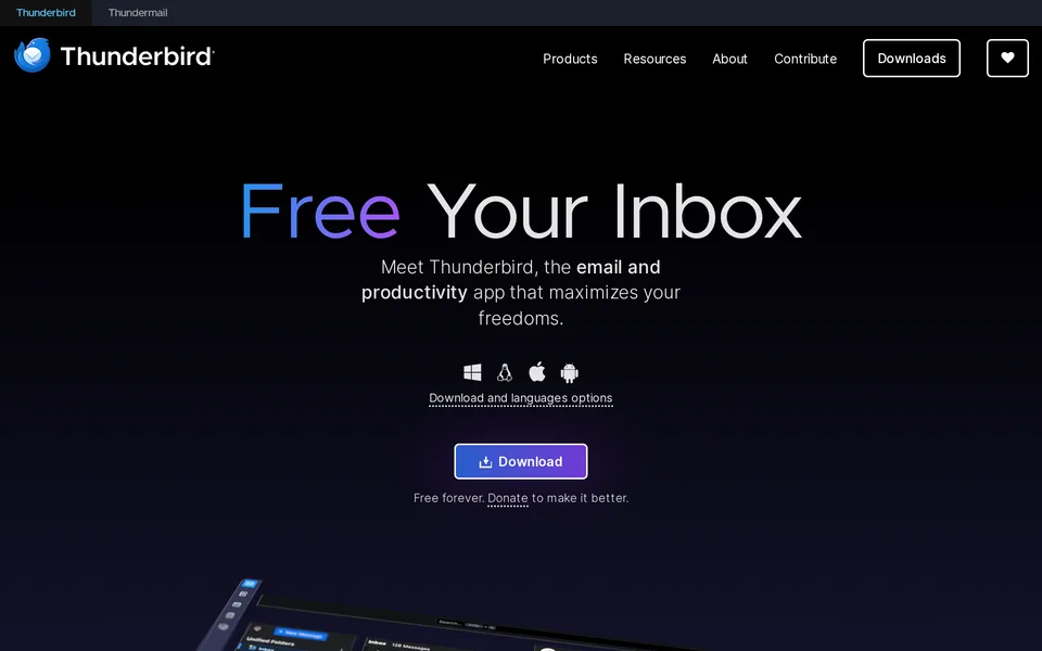 Screenshot of the Thunderbird website