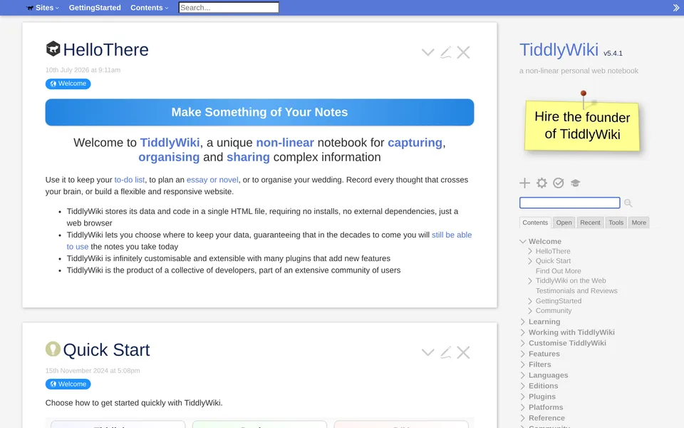 Screenshot of the TiddlyWiki website