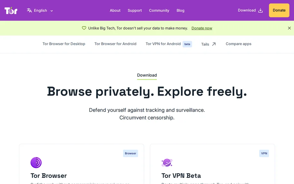 Screenshot of the Tor Browser website