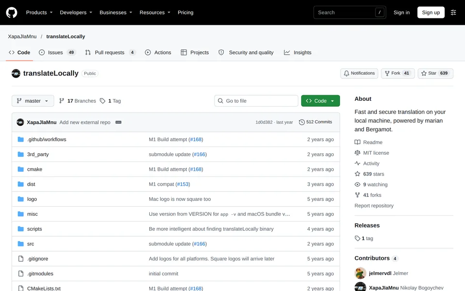 Screenshot of the Translate Locally website