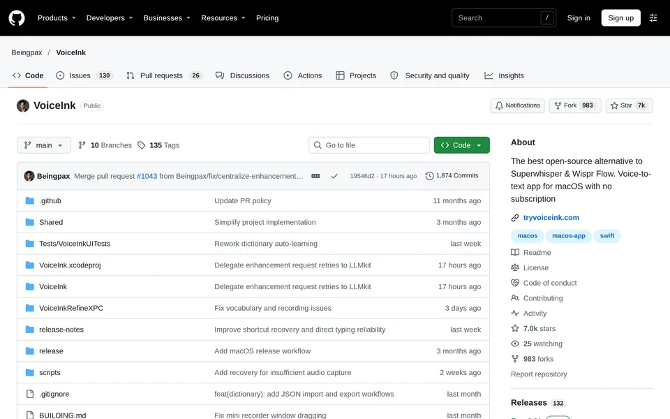 Screenshot of the VoiceInk website