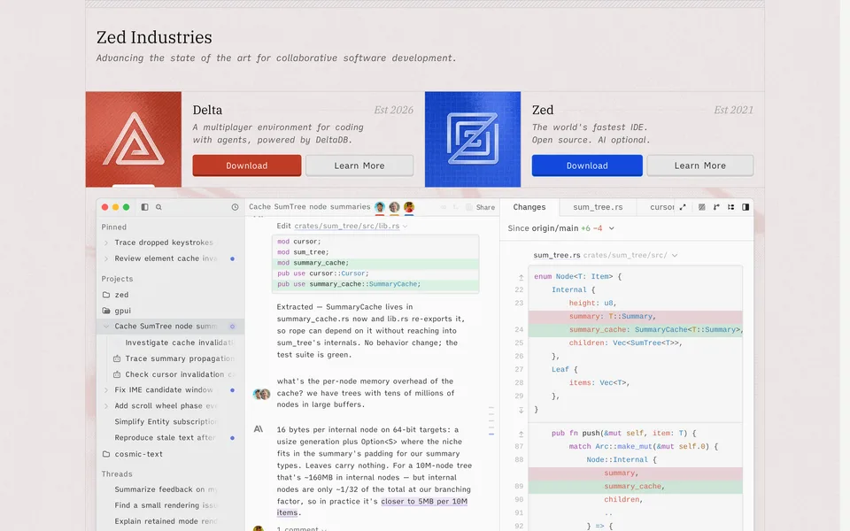 Screenshot of the Zed website
